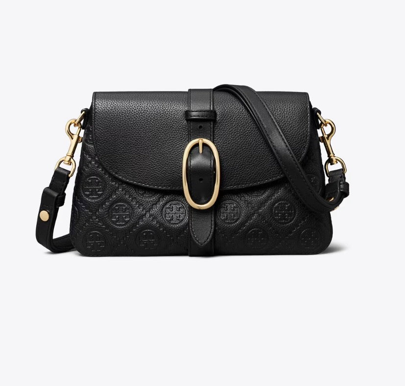 TORY BURCH T MONOGRAM PEBBLED SOFT SMALL SHOULDER BAG  -  black
