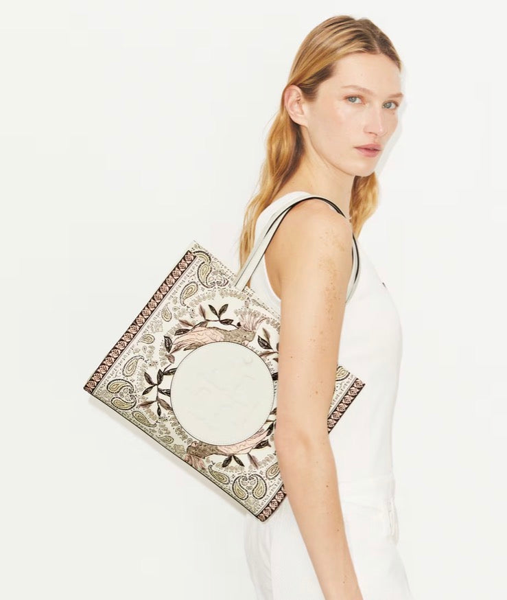 TORY BURCH SMALL ELLA PRINTED TOTE  -  pink cockatoo