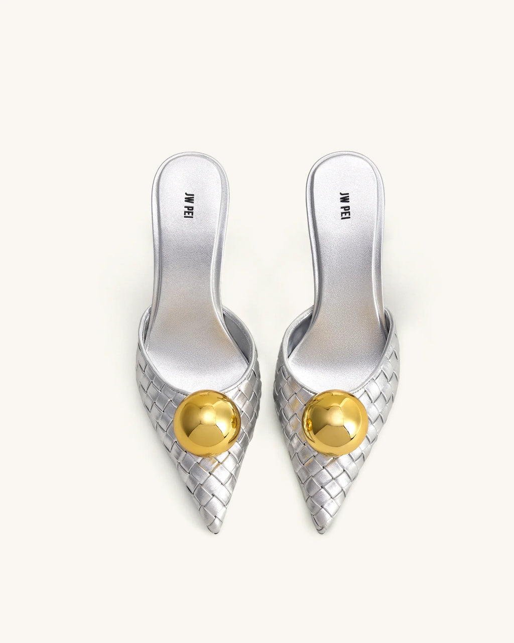 JW PEI Sofia Woven Sphere Heel Mules   -  Silver & Gold