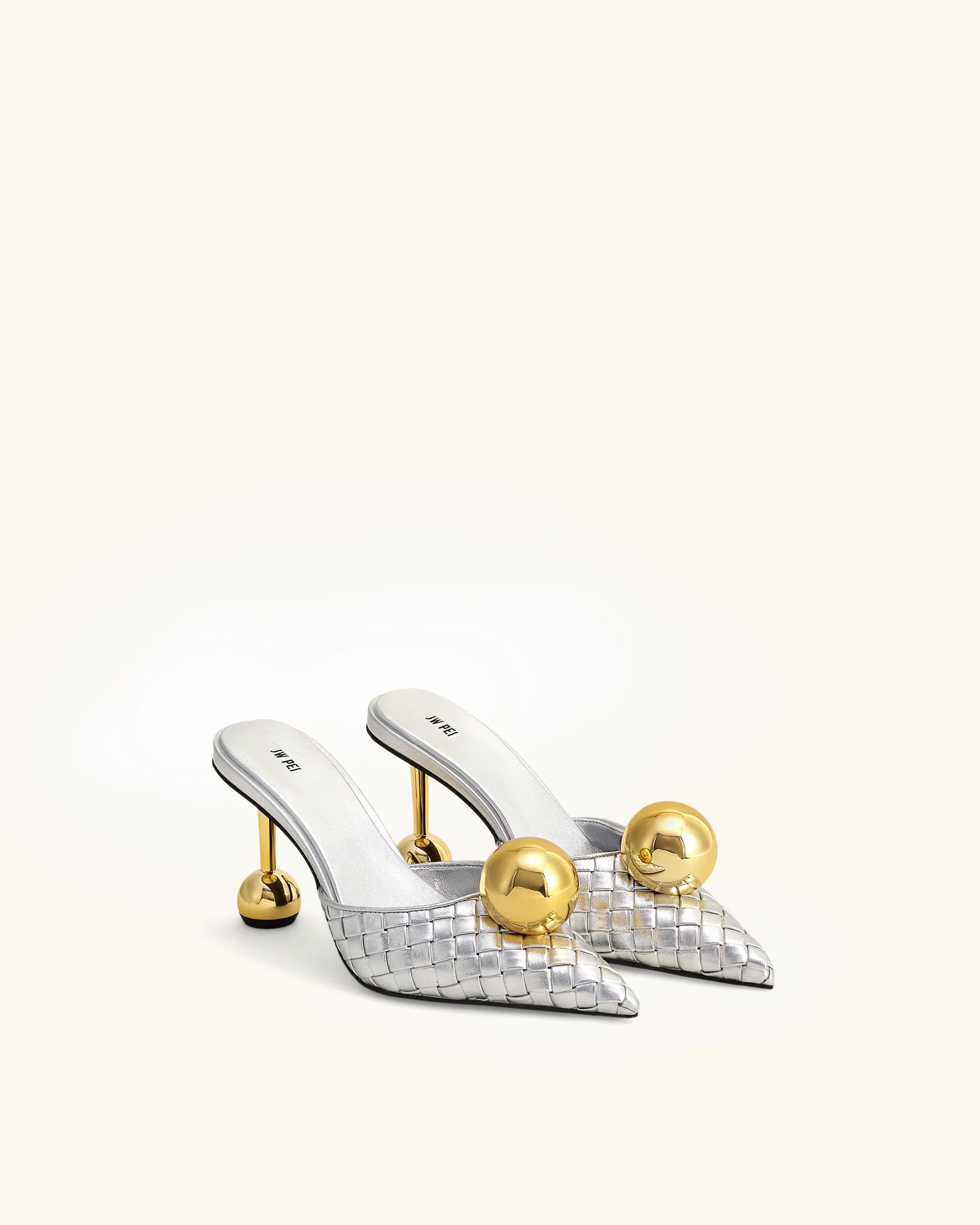 JW PEI Sofia Woven Sphere Heel Mules   -  Silver & Gold