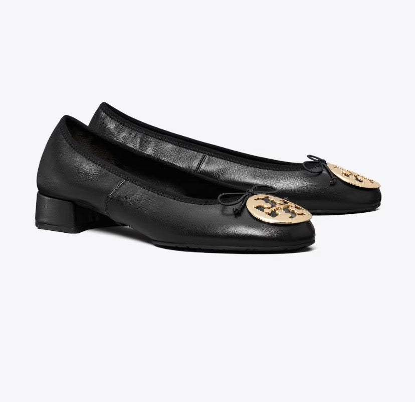 TORY BURCH REVA HEELED BALLET   -   Perfect Black / Gold
