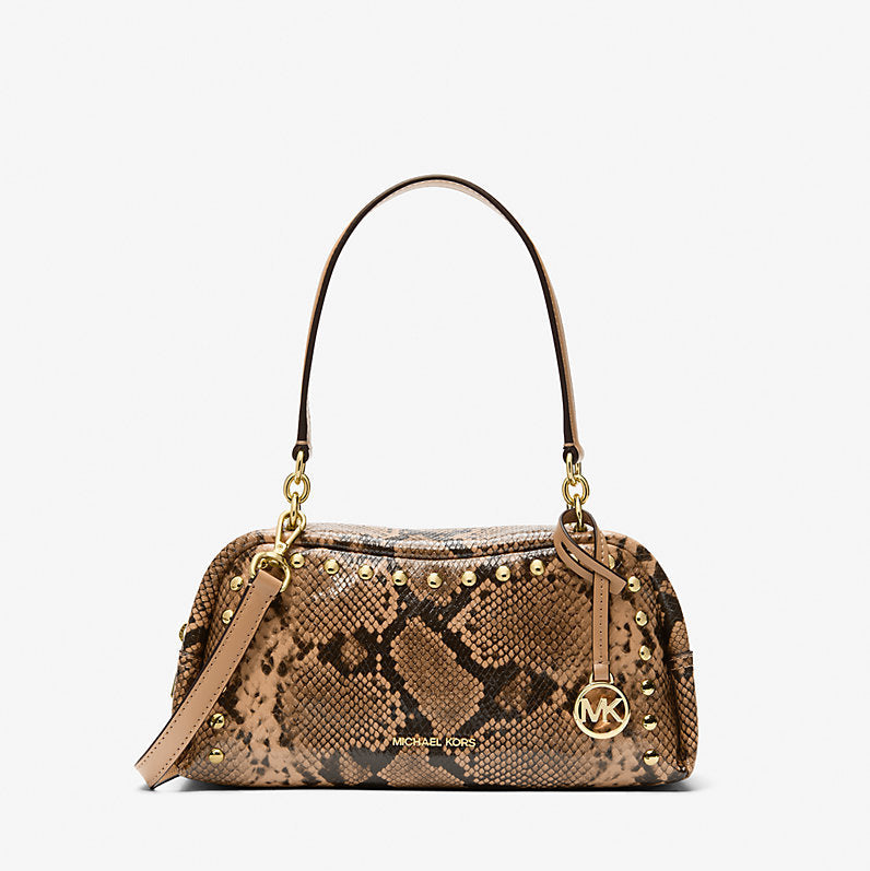 Michael Kors Cecily Small Studded Snake Embossed Shoulder Bag-CAMEL