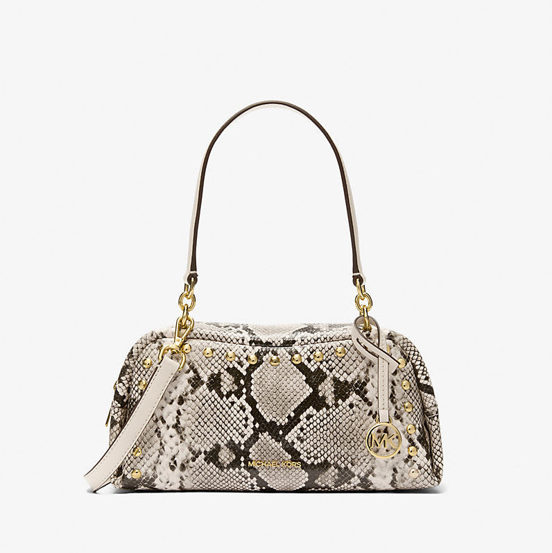 Michael Kors Cecily Small Studded Snake Embossed Shoulder Bag-LT CREAM