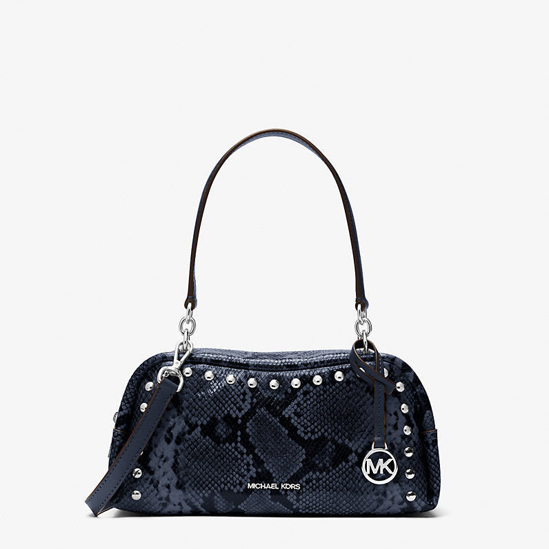 Michael Kors Cecily Small Studded Snake Embossed Shoulder Bag-NAVY