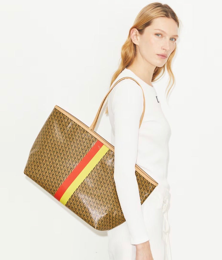 TORY BURCH RACER TOTE  -  tan printed