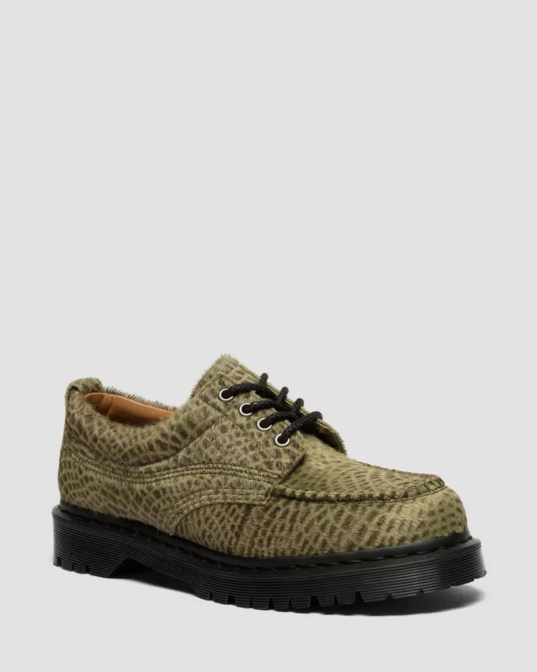 Dr. Martens Lowell Hair On Leather Moc Toe Shoes  -  Olive Green — Pebble Emboss Hair On