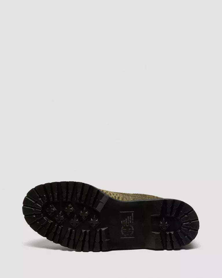 Dr. Martens Lowell Hair On Leather Moc Toe Shoes  -  Olive Green — Pebble Emboss Hair On