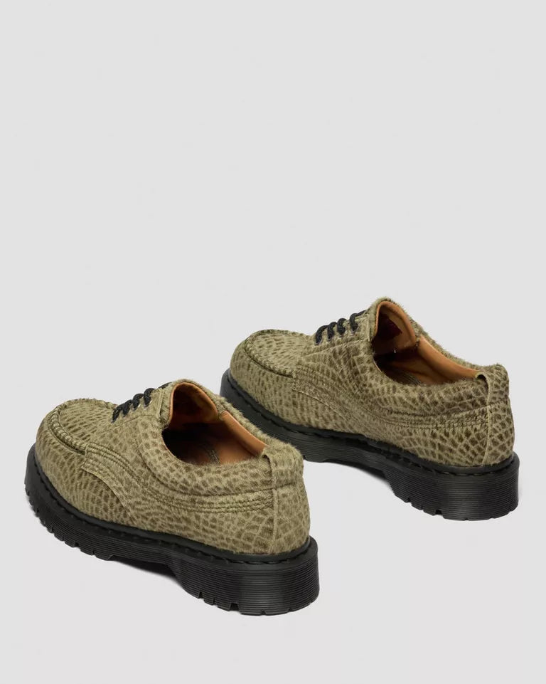 Dr. Martens Lowell Hair On Leather Moc Toe Shoes  -  Olive Green — Pebble Emboss Hair On