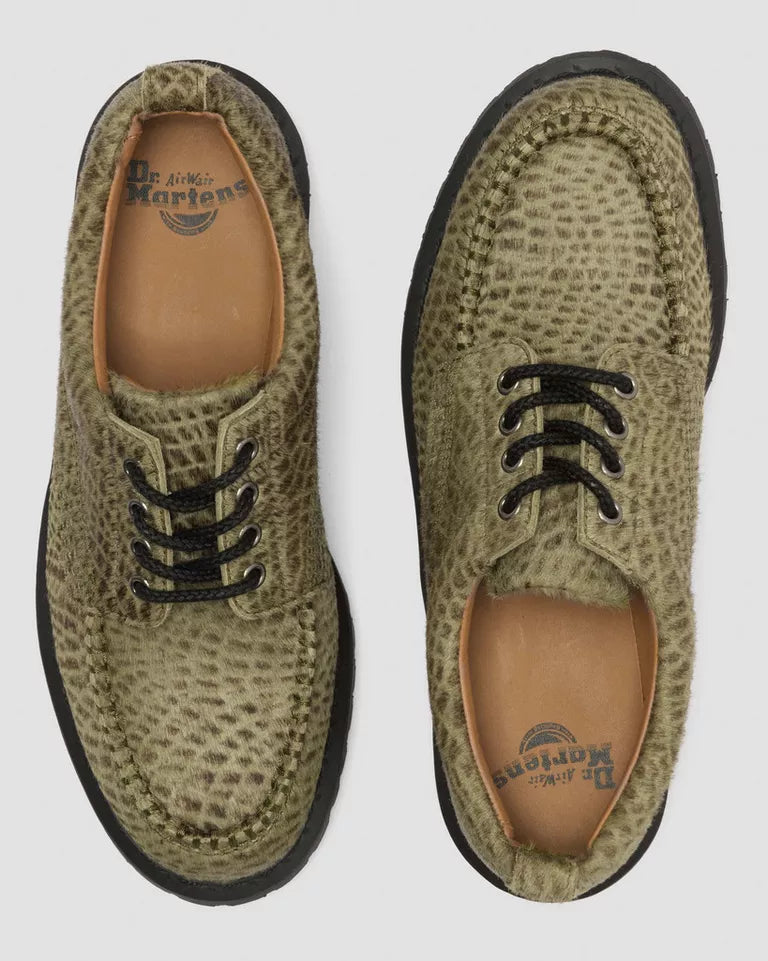 Dr. Martens Lowell Hair On Leather Moc Toe Shoes  -  Olive Green — Pebble Emboss Hair On