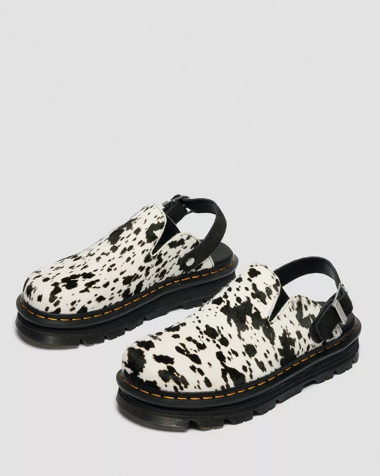 Dr. Martens Zebzag Dalmatian Hair On Leather Platform Mules  -  Cream & Black — Dalmatian Print Hair On