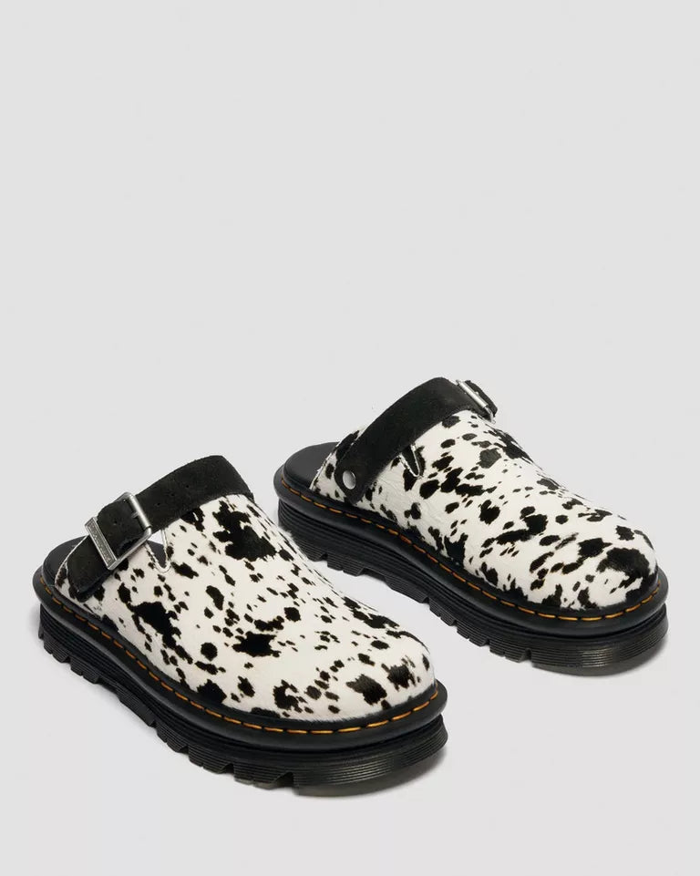 Dr. Martens Zebzag Dalmatian Hair On Leather Platform Mules  -  Cream & Black — Dalmatian Print Hair On