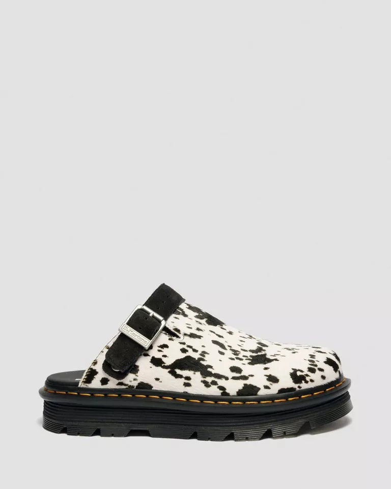 Dr. Martens Zebzag Dalmatian Hair On Leather Platform Mules  -  Cream & Black — Dalmatian Print Hair On