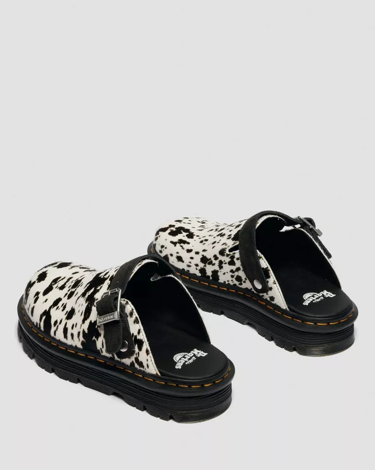 Dr. Martens Zebzag Dalmatian Hair On Leather Platform Mules  -  Cream & Black — Dalmatian Print Hair On