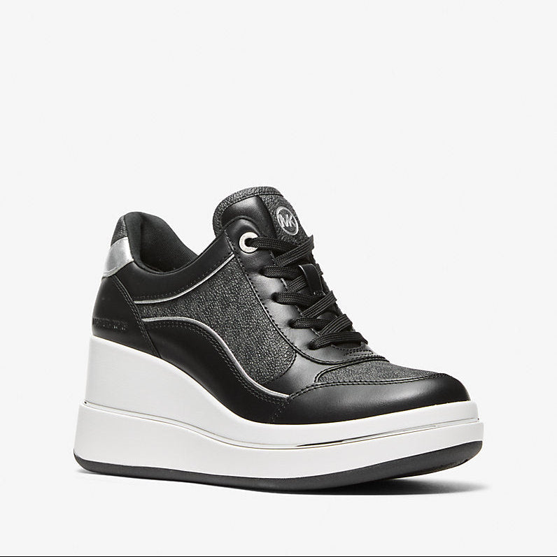 Michael Kors Emmy Signature Logo and Leather Wedge Trainer-BLACK