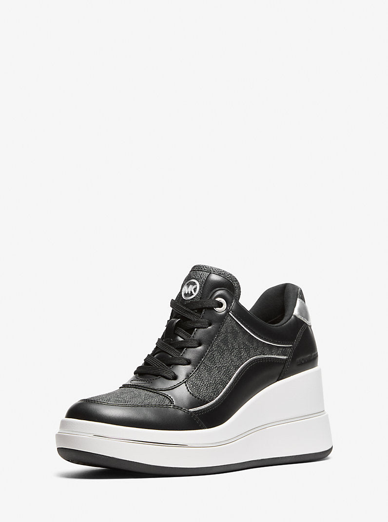 Michael Kors Emmy Signature Logo and Leather Wedge Trainer-BLACK