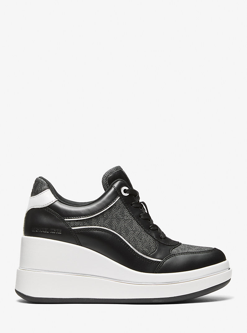 Michael Kors Emmy Signature Logo and Leather Wedge Trainer-BLACK