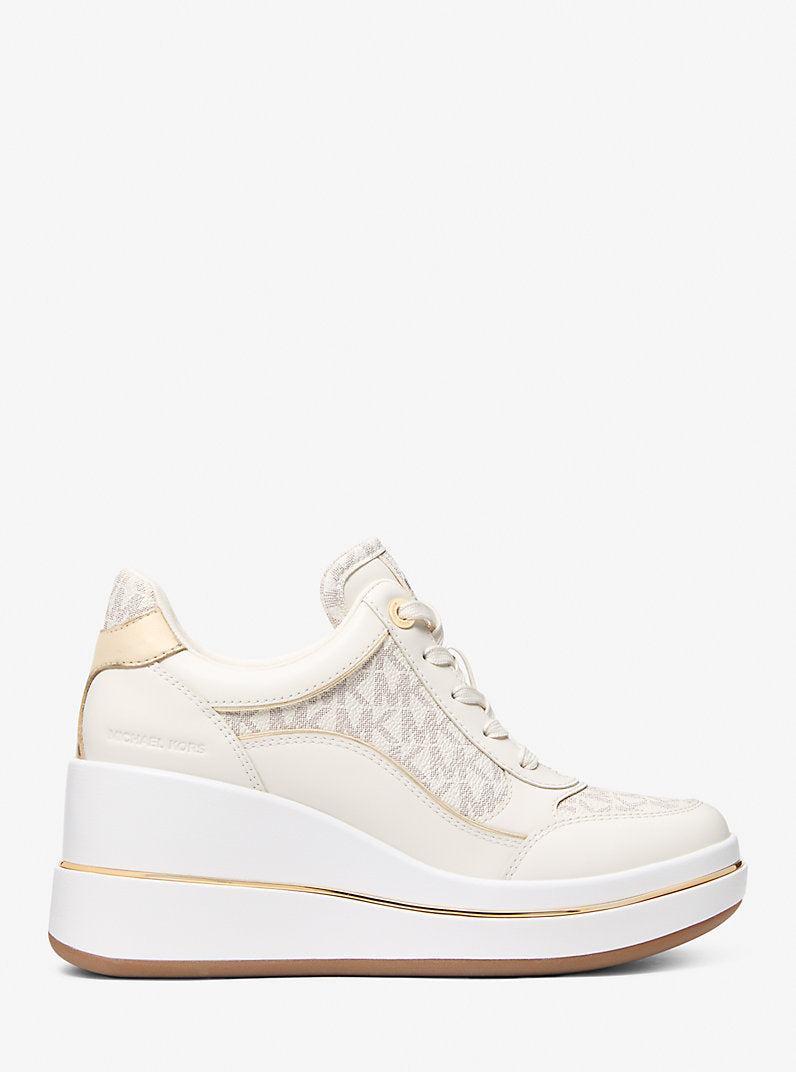 Michael Kors Emmy Signature Logo and Leather Wedge Trainer-VANILLA