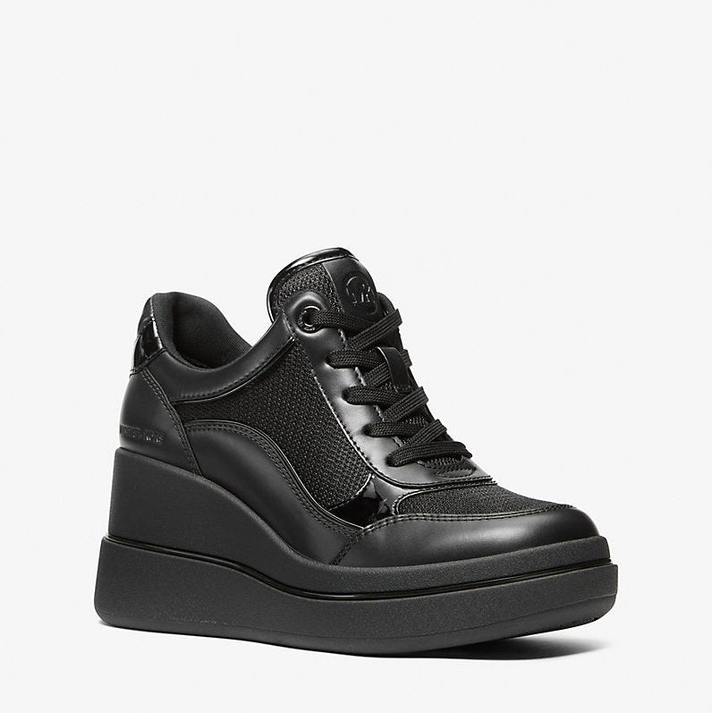 Michael Kors Emmy Leather and Mesh Wedge Trainer-BLACK