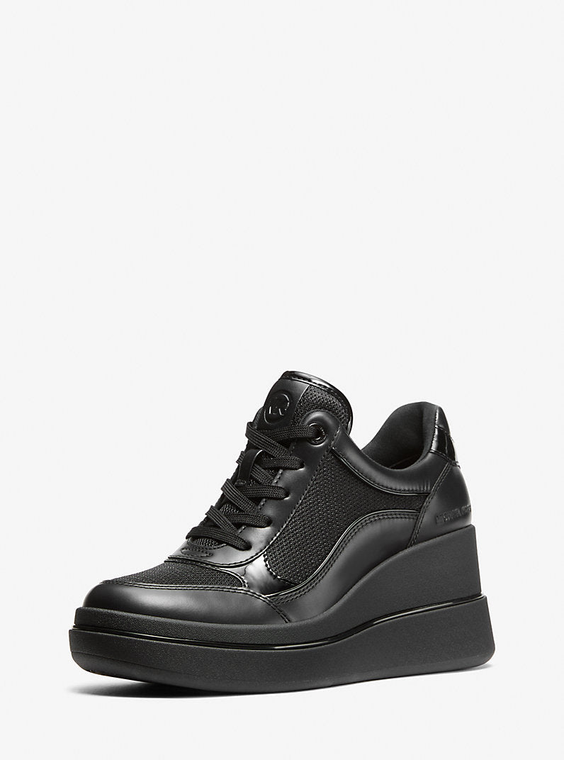Michael Kors Emmy Leather and Mesh Wedge Trainer-BLACK