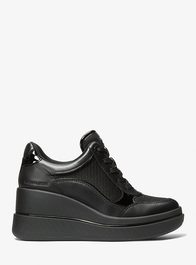 Michael Kors Emmy Leather and Mesh Wedge Trainer-BLACK