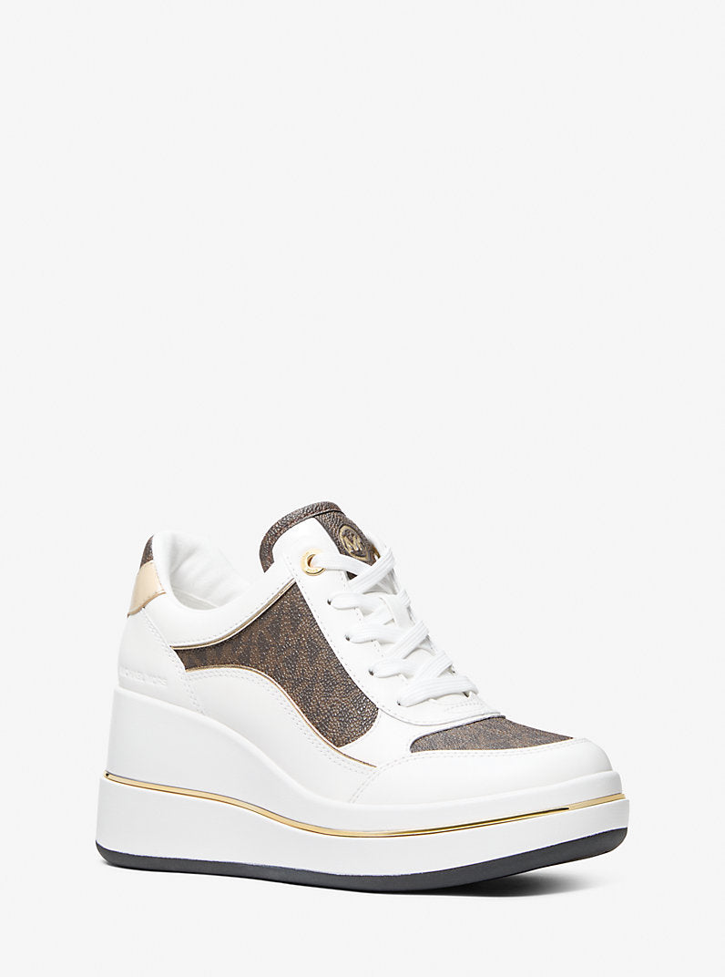 Michael Kors Emmy Signature Logo and Leather Wedge Trainer-BROWN