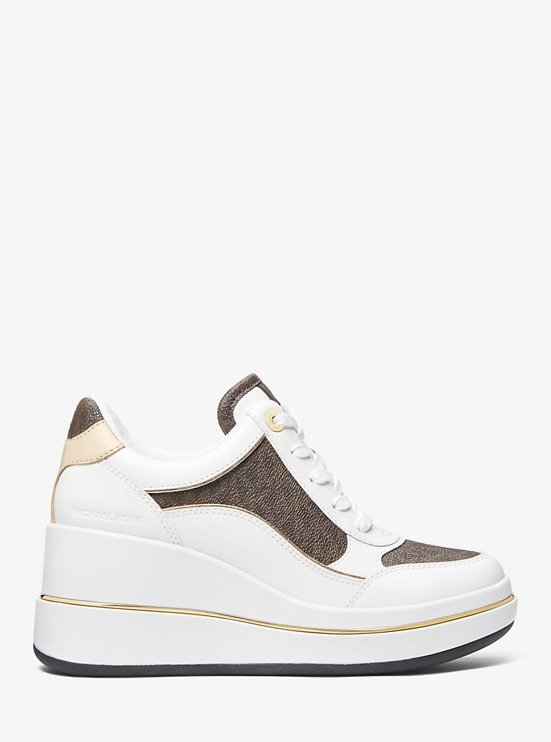 Michael Kors Emmy Signature Logo and Leather Wedge Trainer-BROWN