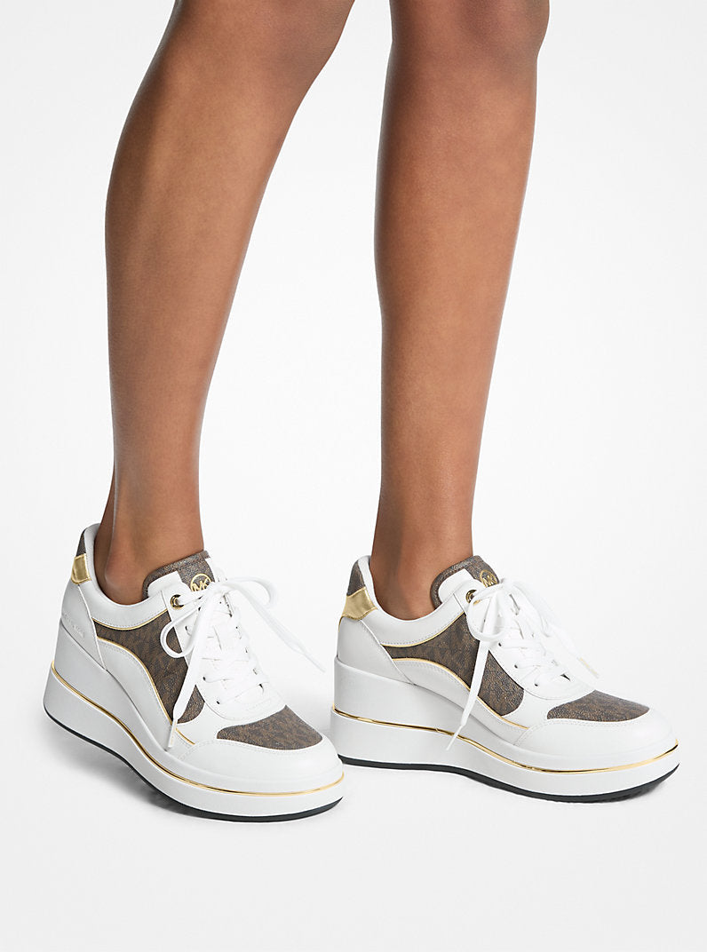 Michael Kors Emmy Signature Logo and Leather Wedge Trainer-BROWN