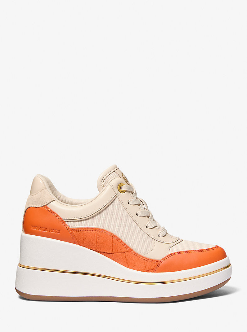 Michael Kors Emmy Leather and Canvas Wedge Trainer- MIMOSA