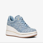 Michael Kors Emmy Signature Logo Print Denim Wedge Trainer-NEW HRZN WSH