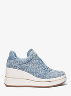 Michael Kors Emmy Signature Logo Print Denim Wedge Trainer-NEW HRZN WSH