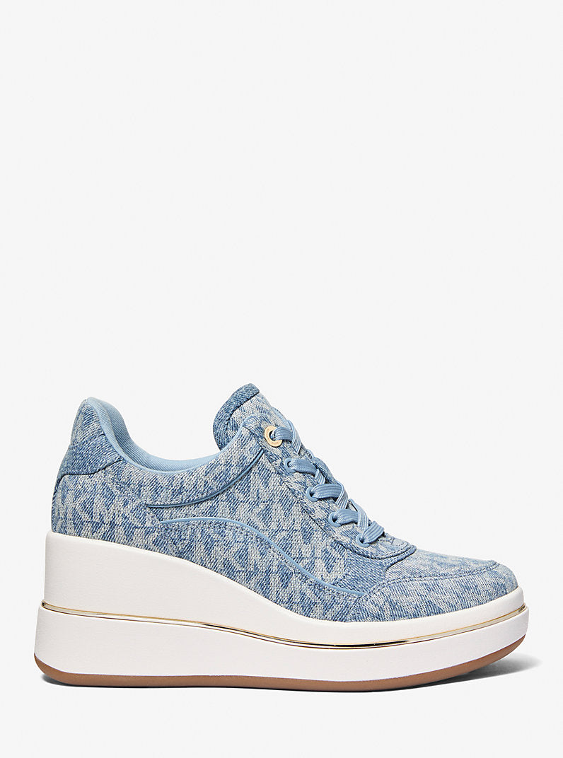 Michael Kors Emmy Signature Logo Print Denim Wedge Trainer-NEW HRZN WSH