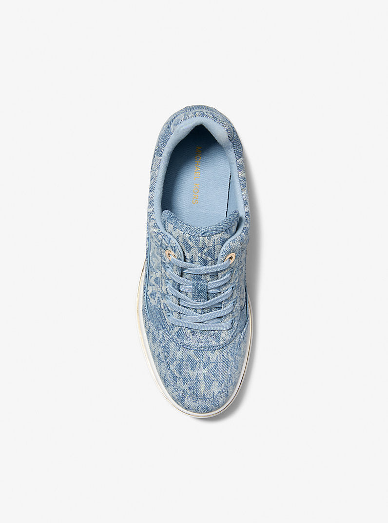 Michael Kors Emmy Signature Logo Print Denim Wedge Trainer-NEW HRZN WSH