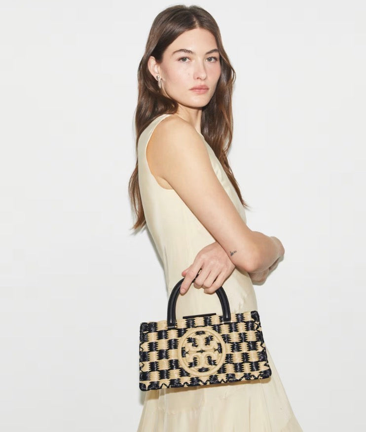 TORY BURCH ELLA HAND-CROCHETED EAST-WEST TOTE  -  black / natural