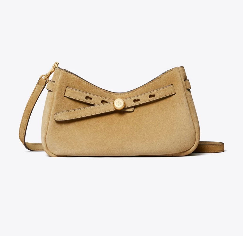 TORY BURCH ROMY SUEDE ZIP TOP CROSSBODY BAG  -  butter