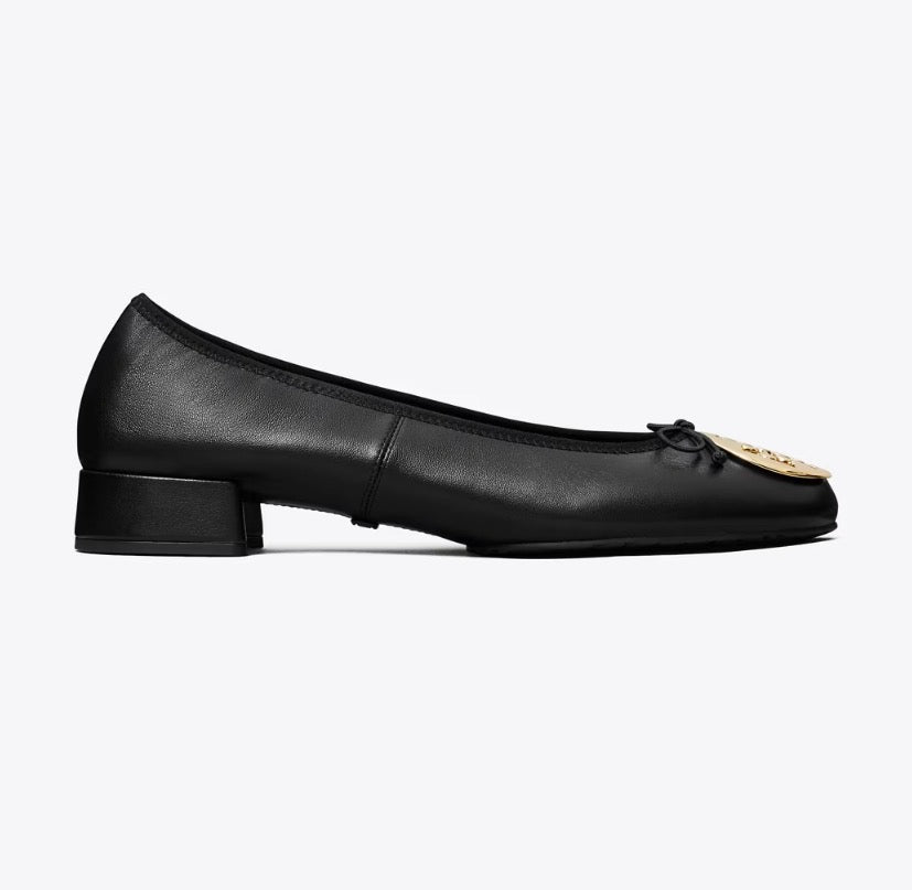 TORY BURCH REVA HEELED BALLET   -   Perfect Black / Gold