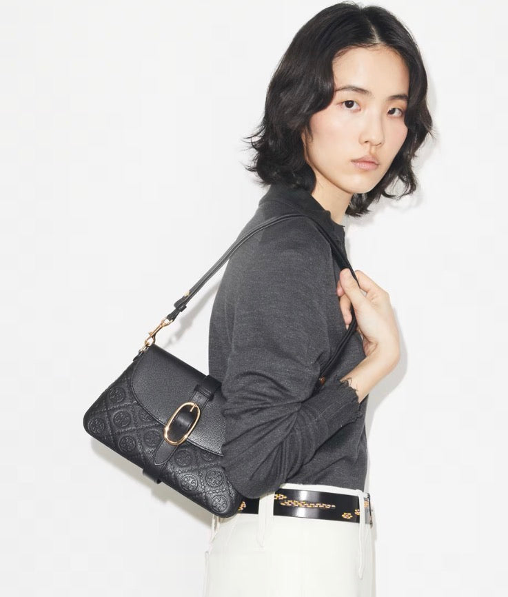 TORY BURCH T MONOGRAM PEBBLED SOFT SMALL SHOULDER BAG  -  black