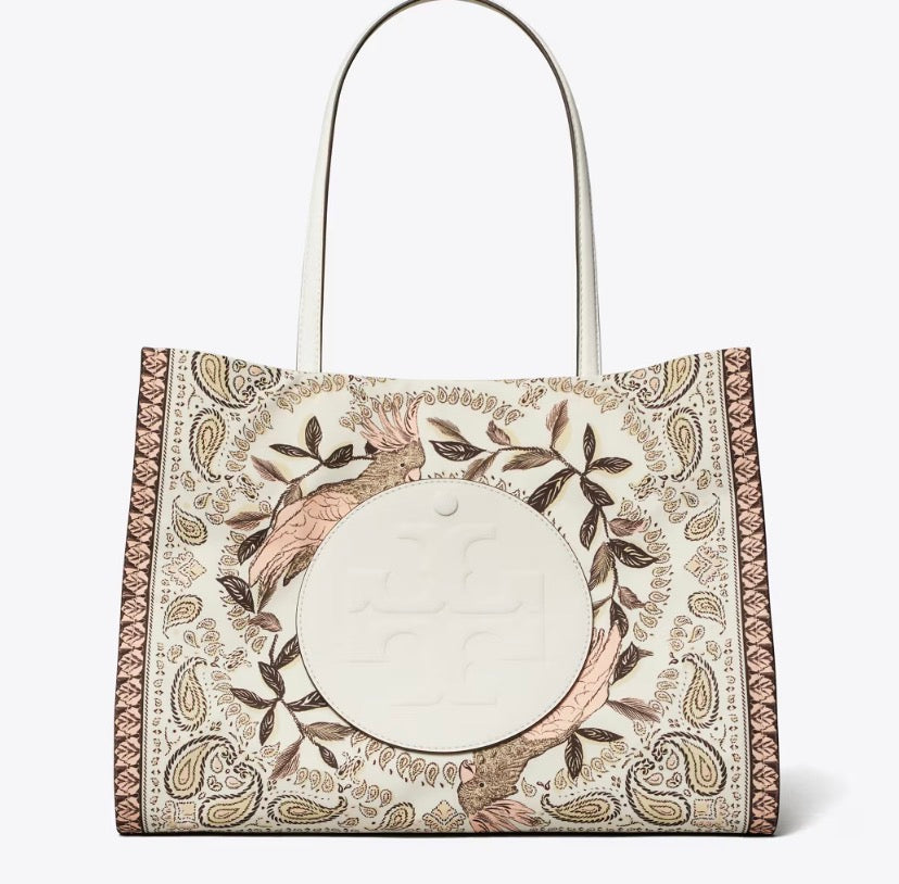 TORY BURCH SMALL ELLA PRINTED TOTE  -  pink cockatoo