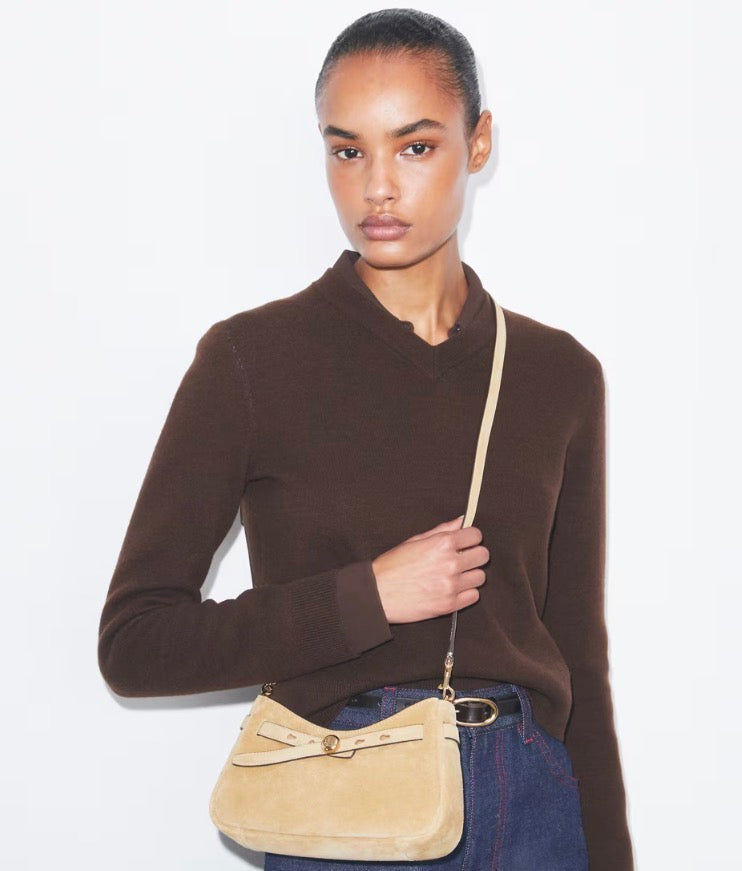 TORY BURCH ROMY SUEDE ZIP TOP CROSSBODY BAG  -  butter