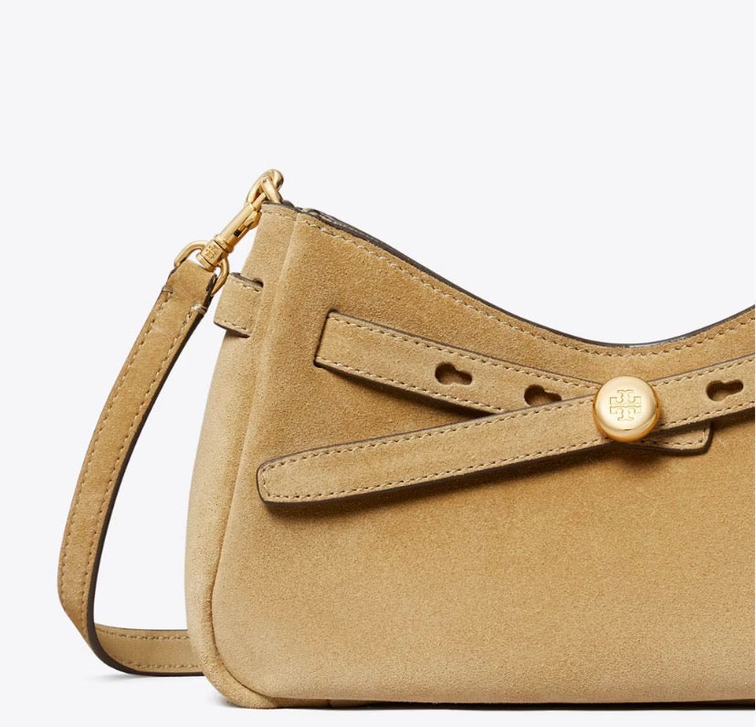 TORY BURCH ROMY SUEDE ZIP TOP CROSSBODY BAG  -  butter