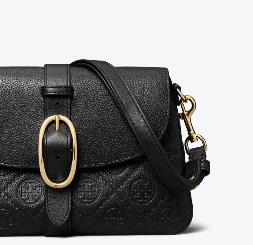 TORY BURCH T MONOGRAM PEBBLED SOFT SMALL SHOULDER BAG  -  black