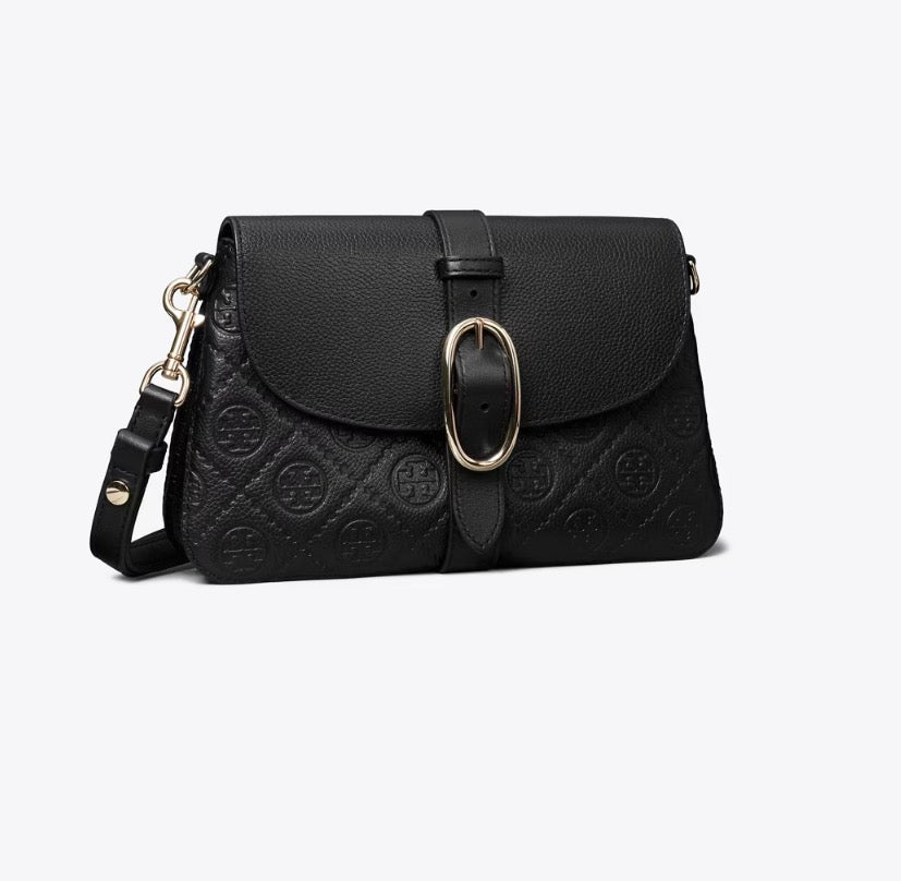 TORY BURCH T MONOGRAM PEBBLED SOFT SMALL SHOULDER BAG  -  black