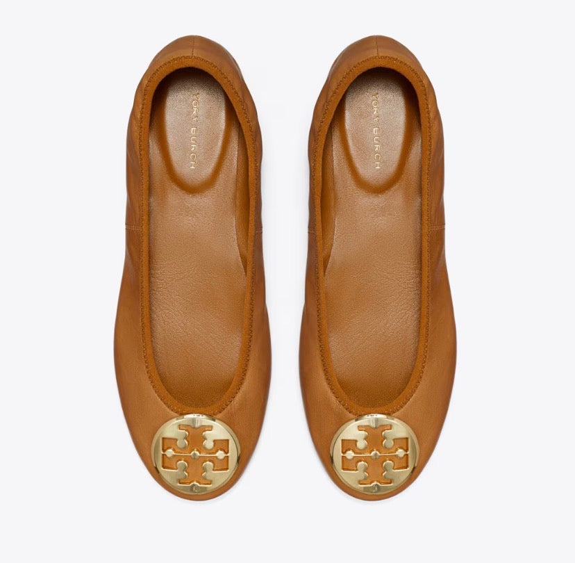 TORY BURCH REVA TRAVEL BALLET  -  Pecan Praline / Gold