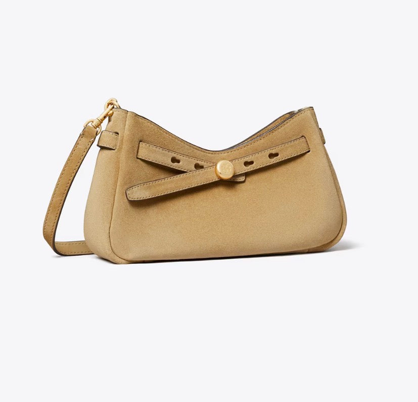 TORY BURCH ROMY SUEDE ZIP TOP CROSSBODY BAG  -  butter