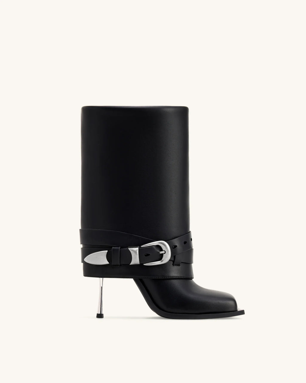 JW PEI Emilia Western Buckled Leather Stiletto Boots  -  Black