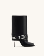 JW PEI Emilia Western Buckled Leather Stiletto Boots  -  Black