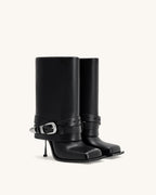 JW PEI Emilia Western Buckled Leather Stiletto Boots  -  Black