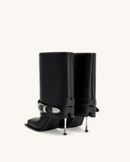 JW PEI Emilia Western Buckled Leather Stiletto Boots  -  Black