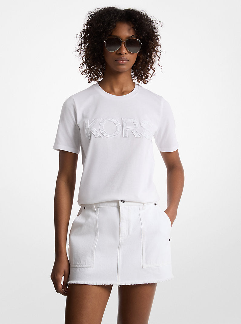 Michael Kors Sequined Logo Cotton T-Shirt-WHITE