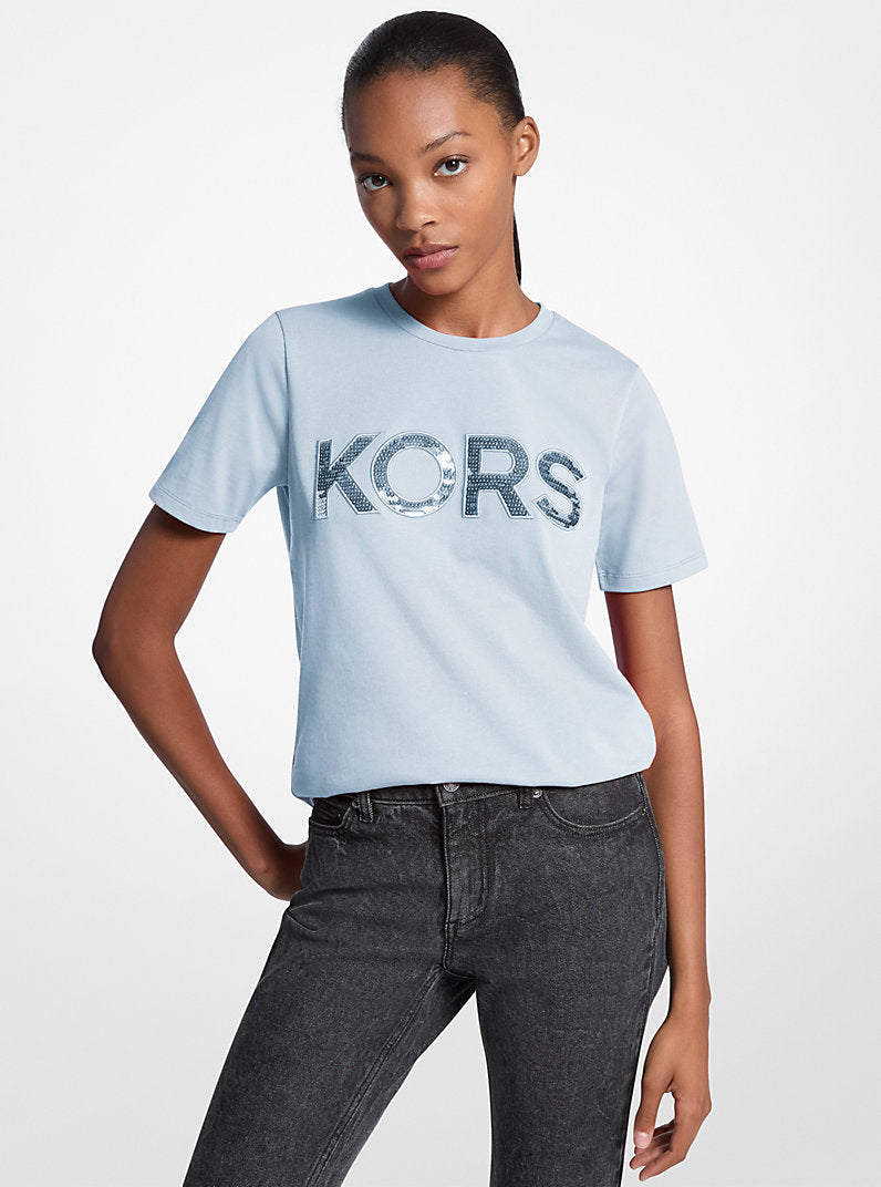 Michael Kors Sequined Logo Cotton T-Shirt-PASTEL BLUE