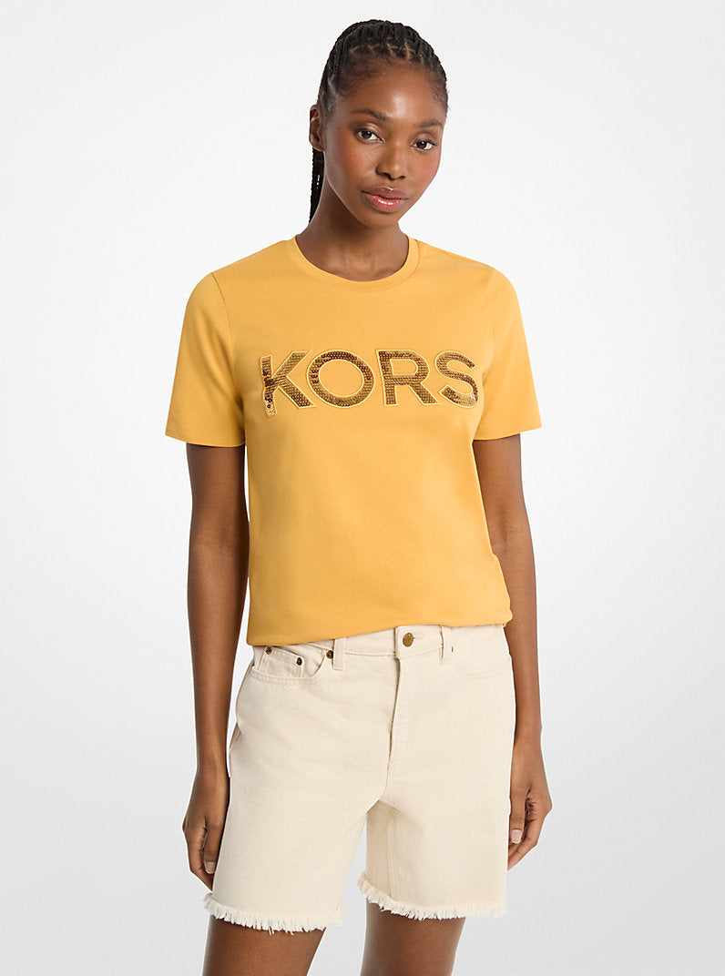 Michael Kors Sequined Logo Cotton T-Shirt-HONEYWHEAT